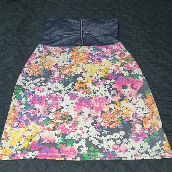 Vanity Dresses | Vanity Strapless Faux Denim Top With Zipper Accent Dress And Floral Aline Bottom | Color: Blue/Pink | Size: S | Spottedfaerie's Vanity Dresses | Vanity Strapless Faux Denim Top With Zipper Accent Dress And Floral Aline Bottom | Color: Blue/Pink | Size: S | Spottedfaerie's
